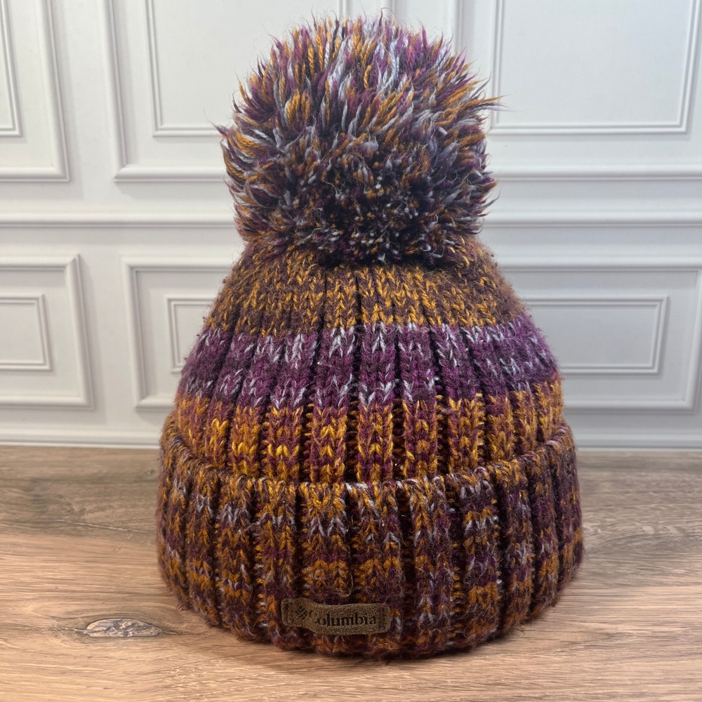 Columbia Beanie Hat Womens‎ Purple Gold Sherpa Lined Pom Pom Knit Hat